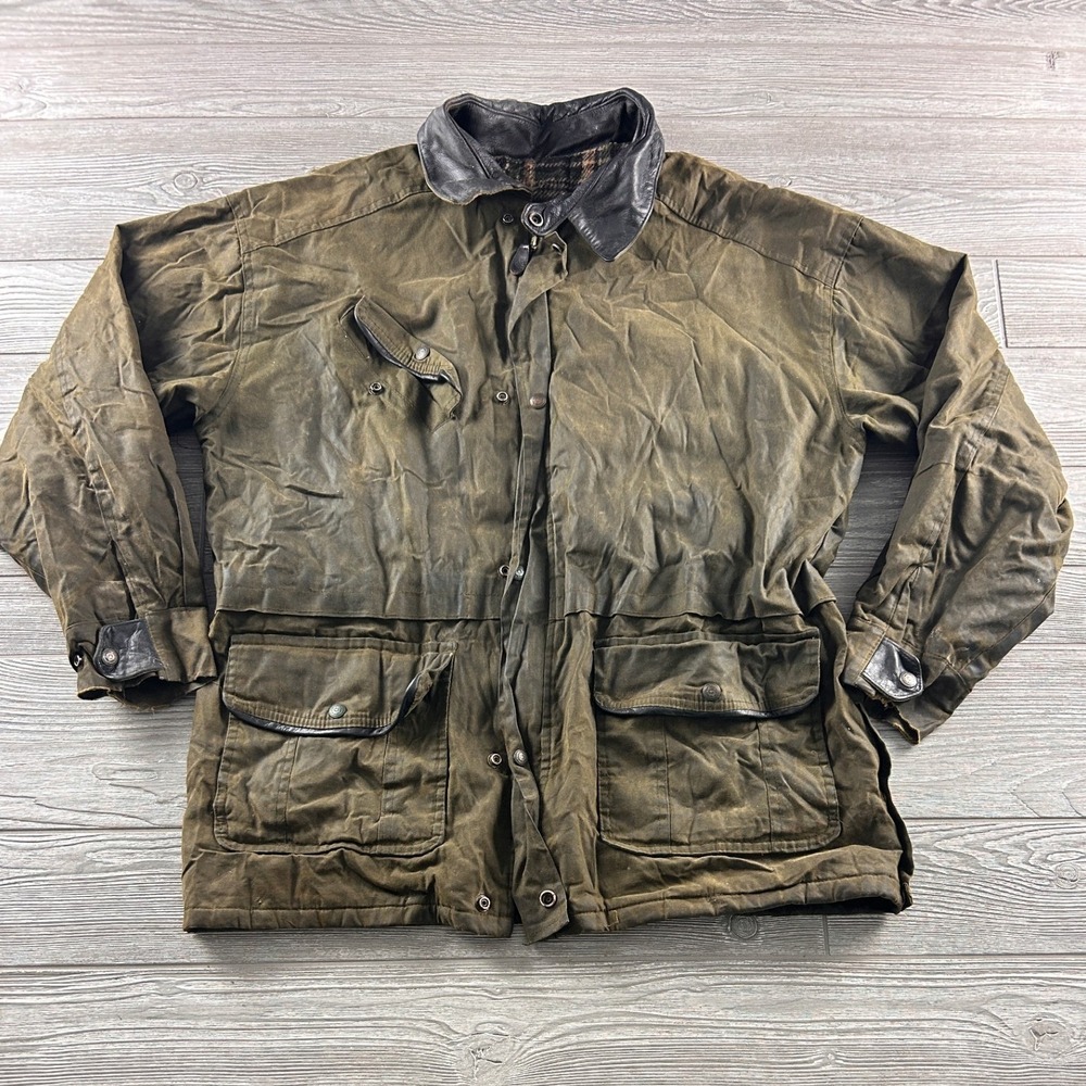 Canada Sportswear Mens Waxed Cotton Field Jacket Leather Trim Plaid Lined Green